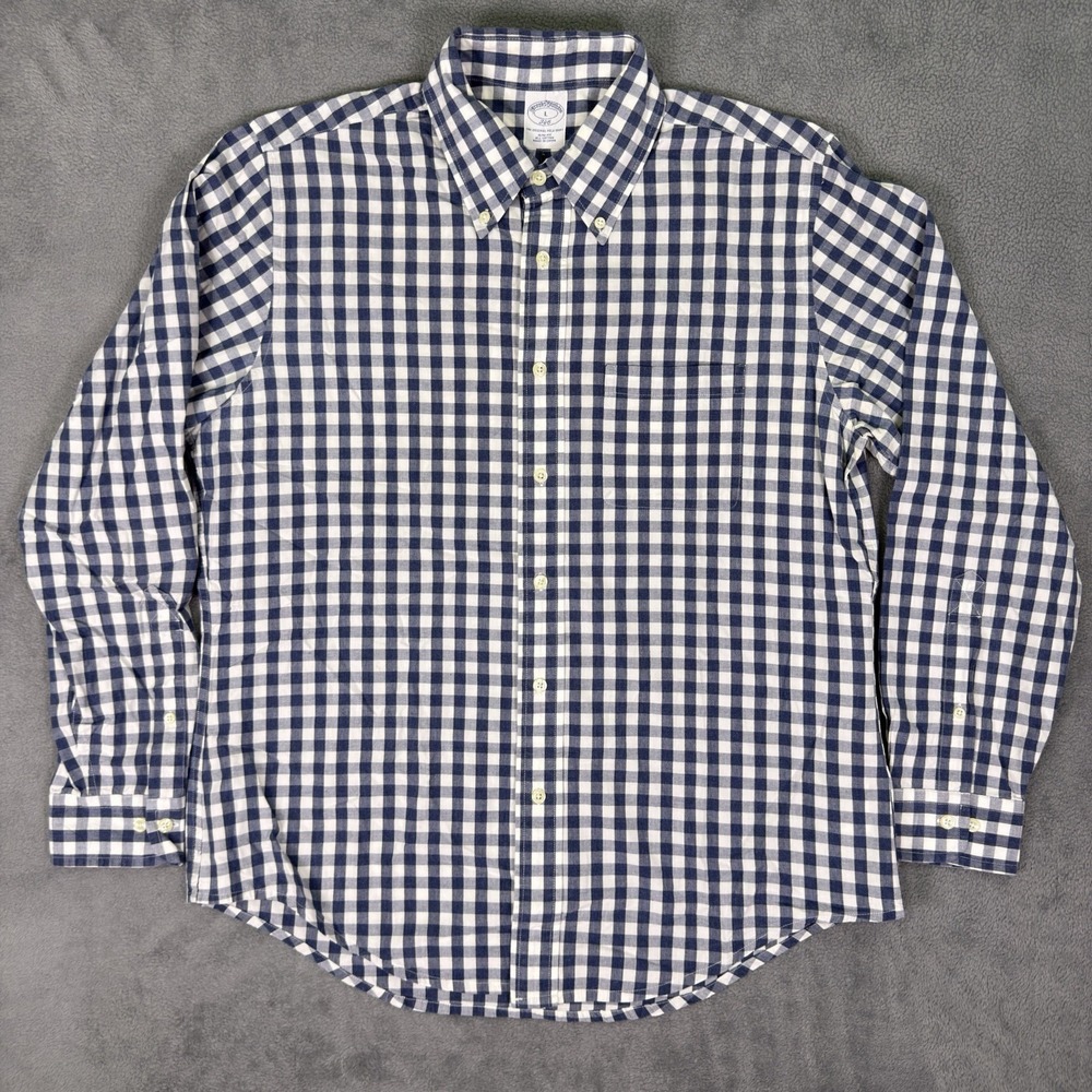 Brooks Brothers 346 Dress Shirt Mens Large Blue White Check Slim Original Polo